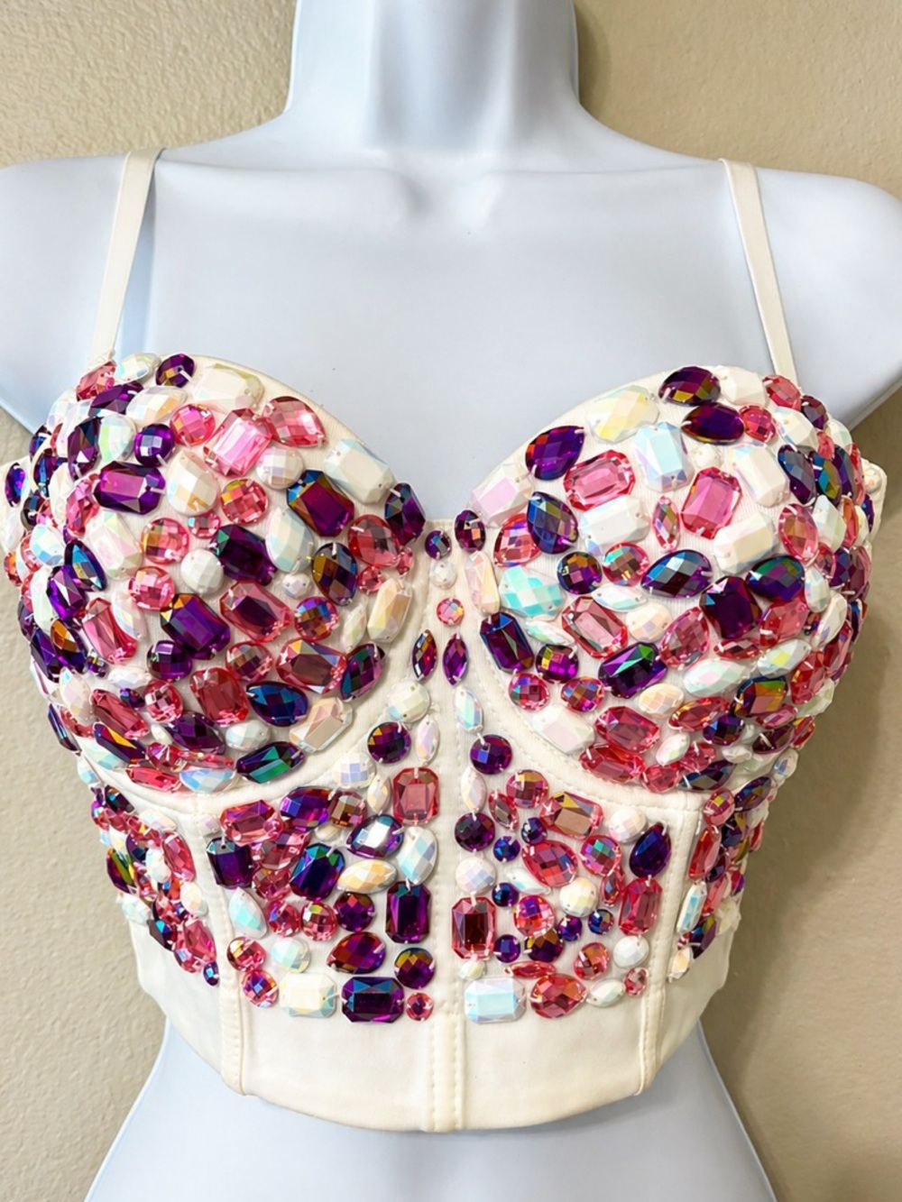 Crystal Embellished Bustier Crop Top Corset 38C Pink Purple Rhinestone Strapless